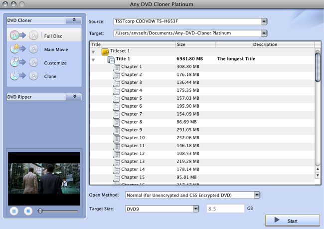 Any DVD Cloner Platinum for Mac DVD copying window