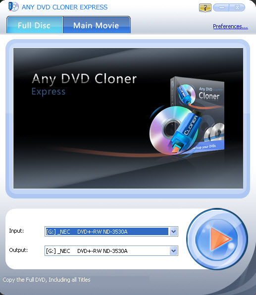 Main window of Any DVD Cloner Express